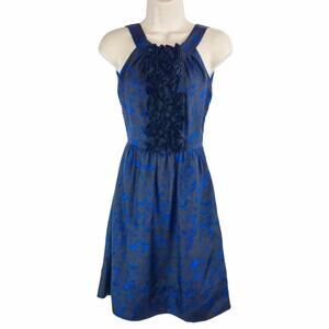 J. Crew 100% Silk Blue & Black A-line Dress Embellished Roses Size XS/0